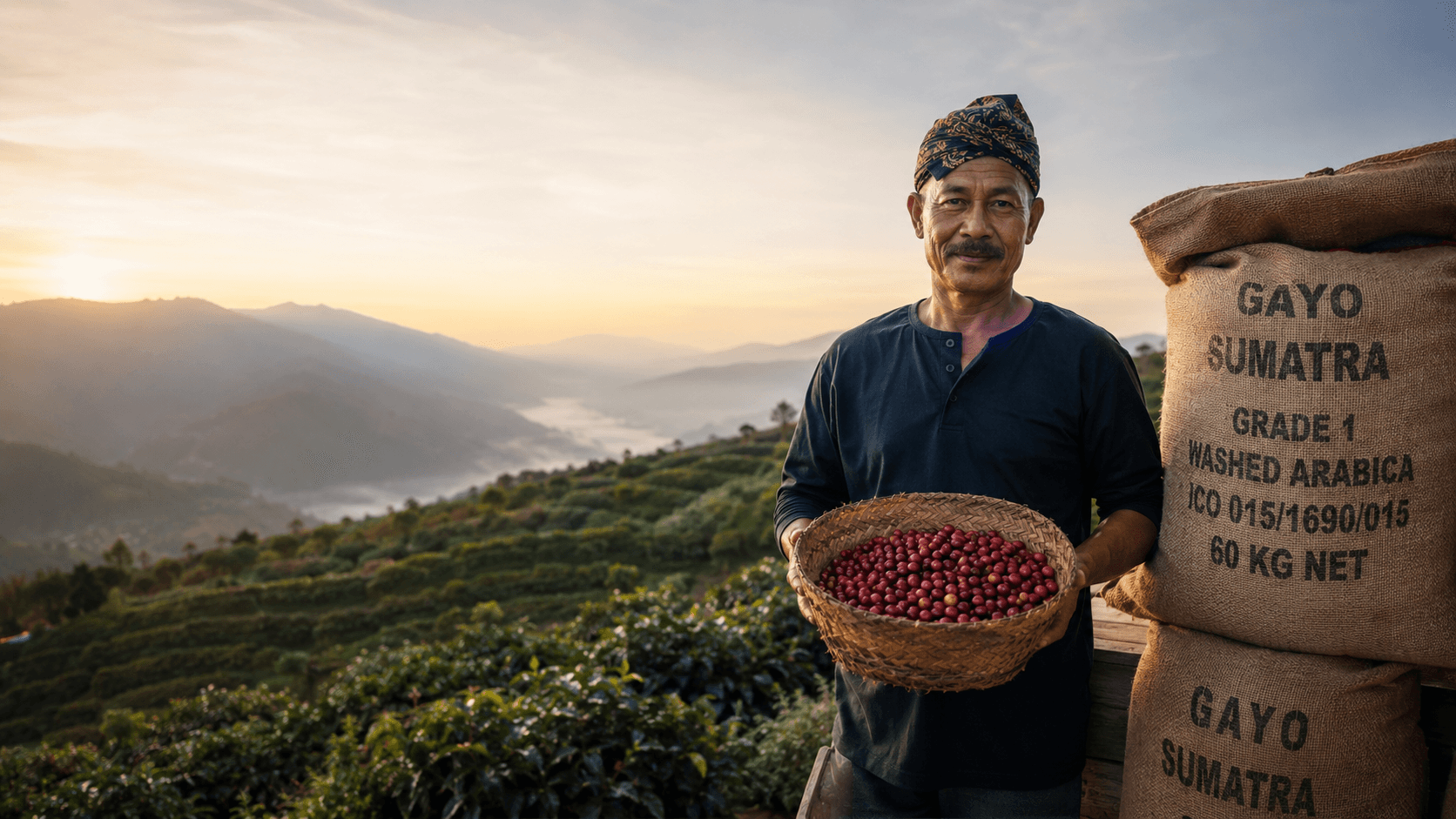Indonesian coffee farmer holding fresh cherries beside Gayo export sacks at sunrise