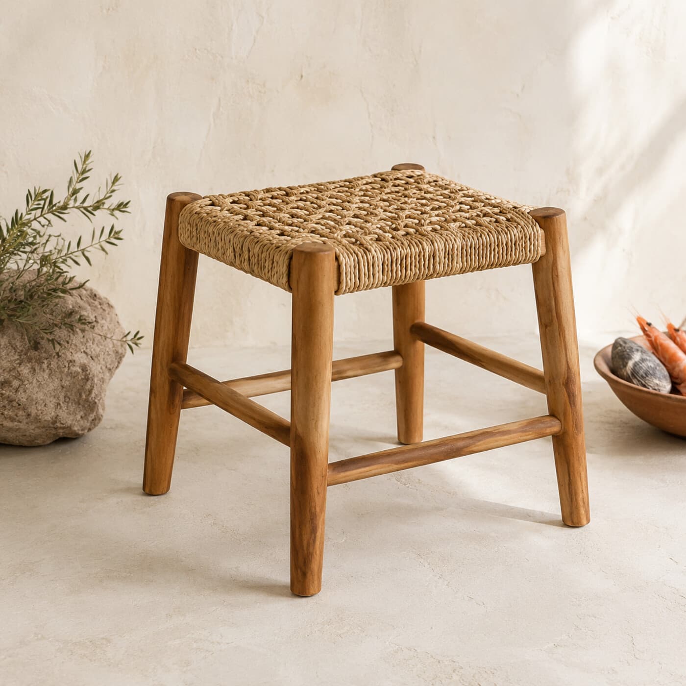 Teak & Seagrass Woven Stool